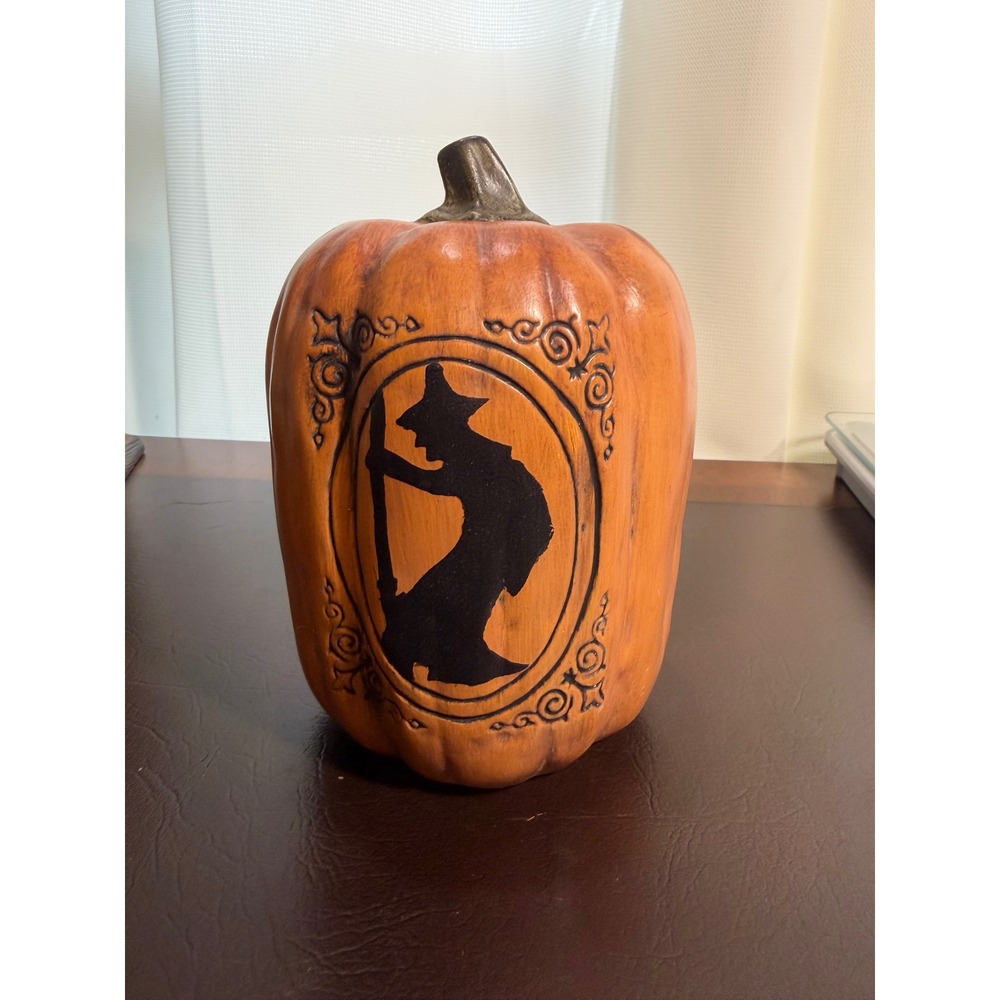 Halloween Witch Silhouette Pumpkin Decor Orange Resin Autumn Tabletop Figurine